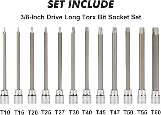 CASOMAN 3/8"Drive Extra Long Torx Bit Socket Set, 12 Piece Torx Star Bit Set, T10 to T60, Length: 150mm, CR-V&S2 Steel