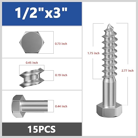 Lag Screws Wood Screws (15PCS, 1/2"x3", Silver) Hex Head Lag Bolts,(12x75) Heavy Duty Lag Screws,304 Stainless Steel Bolts 18-8
