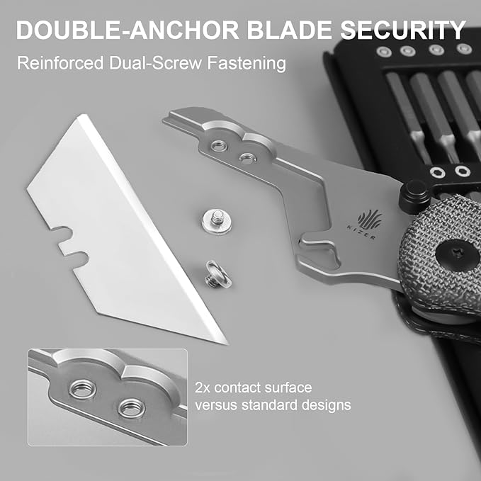 Kizer Uti Bear(New Dual-screw Version) Folding Utility Knife, Clutch Lock Box Cutter EDC Pocket knife with 5PCS Razor Blades, Pocket Knives with Pocket Clip for Men Women V3619JA3