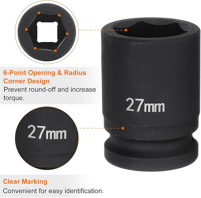 HARFINGTON 6-Point Impact Socket 3/4" Drive 27mm Metric 40Cr Alloy Steel Spindle Axle Nut Impact Socket