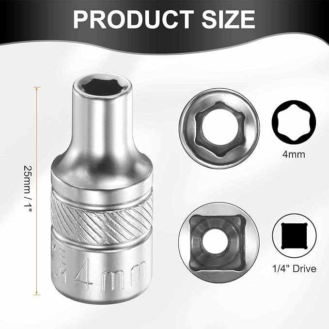 HARFINGTON 6 Points Deep Socket 1/4" Drive 4mm Deep Metric CR-V Steel Polished Nickel Plating Flip Sleeve 25mm / 1" Extra Long Socket Tool for Home Auto Nuts Bolts Repair