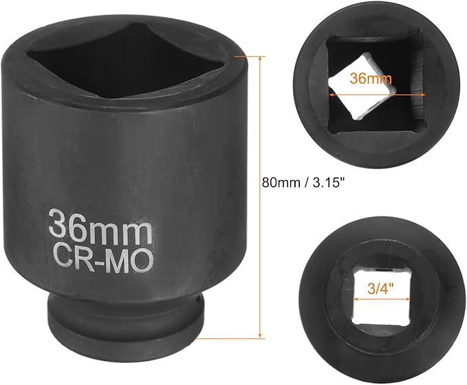 HARFINGTON 4 Point Square Socket 3/4" Drive 36mm Metric Square Impact Socket CR-MO Blackening Standard Wheel Sleeve Pneumatic Sleeve Tool for Auto Repair Mechanical Maintenance Home Use