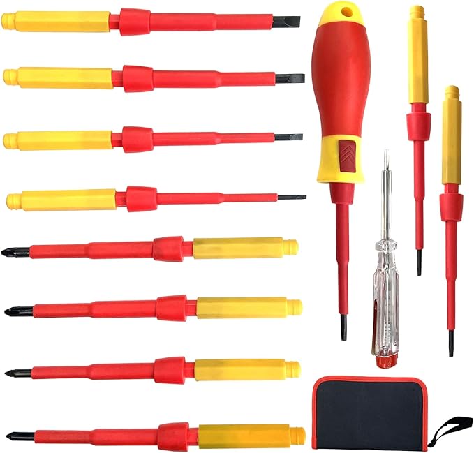 WEDO 12PCS Insulated Precision Screwdriver Set for Electrician,4PCS Slotted Screwdriver,2PCS Phillips Screwdriver,Pozidriv and Torx Screwdriver,Voltage tester,Chrome Vanadium Steel,VDE 1000V,IEC 60900