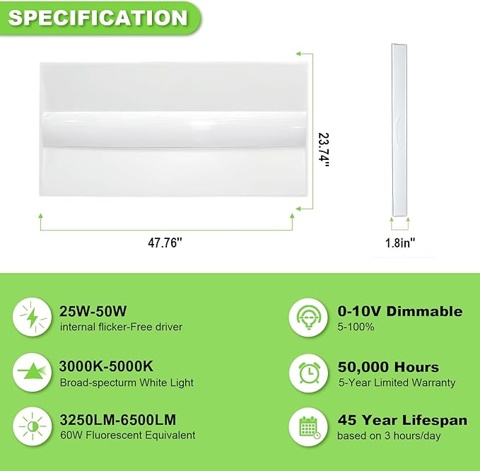 Cortelco 2x4 LED Troffer Light-25W/30W/35W/40W/50W,Up to 7500 Lumens,4 CCT Selectable 3000K/3500K/4000K/5000K,0-10V Dimmable Drop Ceiling Panel,100-277V,ETL & DLC Listed,Commercial Grade,4-Pack