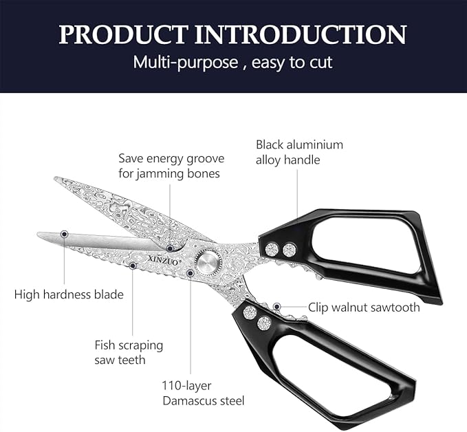 XINZUO Sharp Kitchen Scissors with Black Handle,110 Layers Damascus Steel Multipurpose Heavy Duty Kitchen Shears for Poultry/Vegetables/Fish/Nuts