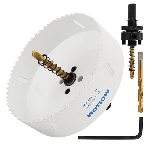 Mollom (121mm | 4-3/4") HSS M42 with 8% Cobalt BI-Metal Hole Saw with 2 Pilot Drill Bits & Arbor Smooth Cutting for PVC,Drywall,Wood,Plastic,Gypsum Board,Rubber
