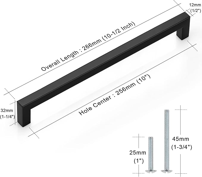 Probrico 30 Pack 10" Hole Centers Cabinet Pulls Black Drawer Handles - Kitchen Cabinet Handles Modern Suqare Bar Pulls Stainless Steel Cabinet Hardware for Dresser Bathroom Bedroom Laundry