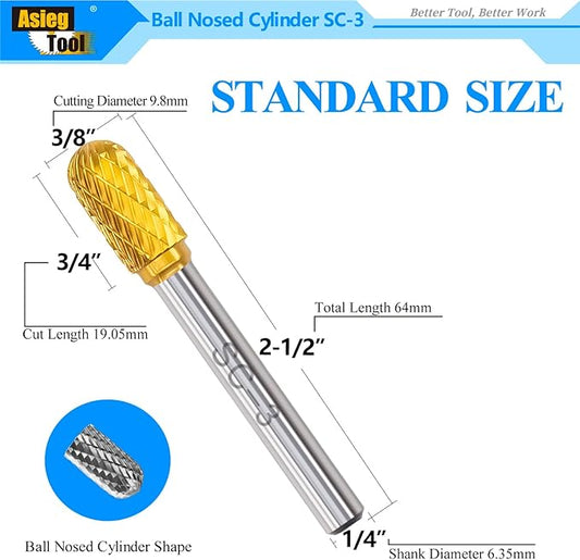 SC-3 5pcs Tungsten Carbide Burr TiN Rotary File Cylindrical Ball Nose End Shape Double Cut for Die Grinder Drill Bits 1/4'' Inch Shank and 3/8'' Inch Diameter of Cutter 3/4'' Inch Cutter Length