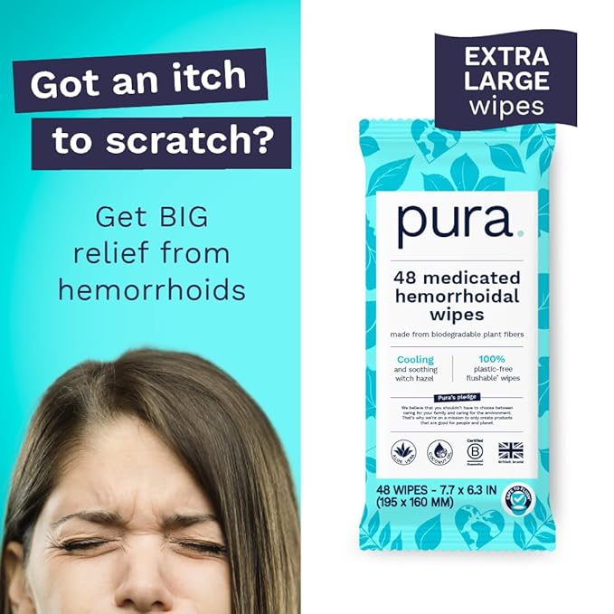 Pura Flushable Hemorrhoid Wipes XL, 48 Count, Medicated with Cooling Witch Hazel, Aloe & Coconut Oil, Fast Relief, Fragrance-Free, 100% Plastic-Free