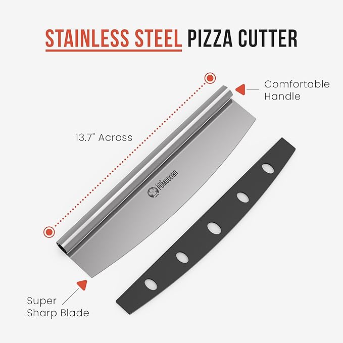 Chef Pomodoro 14" Pizza Cutter Rocker Blade and Pizza Cutting Board Set ??Premium Stainless Steel Pizza Slicer with Wooden Pizza Serving Board ??Pizza Wooden Board with Pizza Cutting Guide