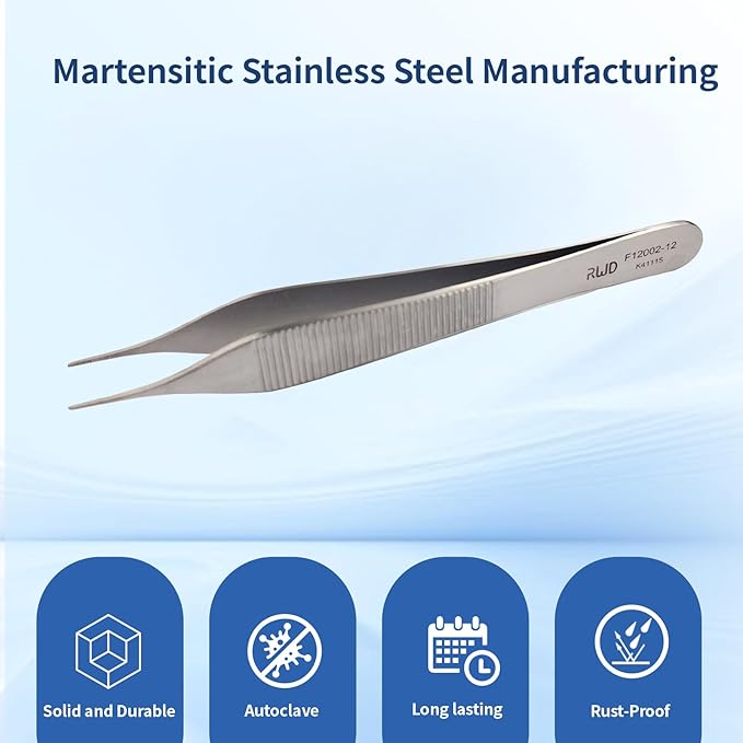 RWD ADSON Dressing Forceps 4.7", Martensitic Stainless Steel Medical Tweezers, 0.6mm Width Serrated Straight Tip, Micro Forceps Tweezer, Surgical Tweezer for High-Precision Handling (F12002-12)