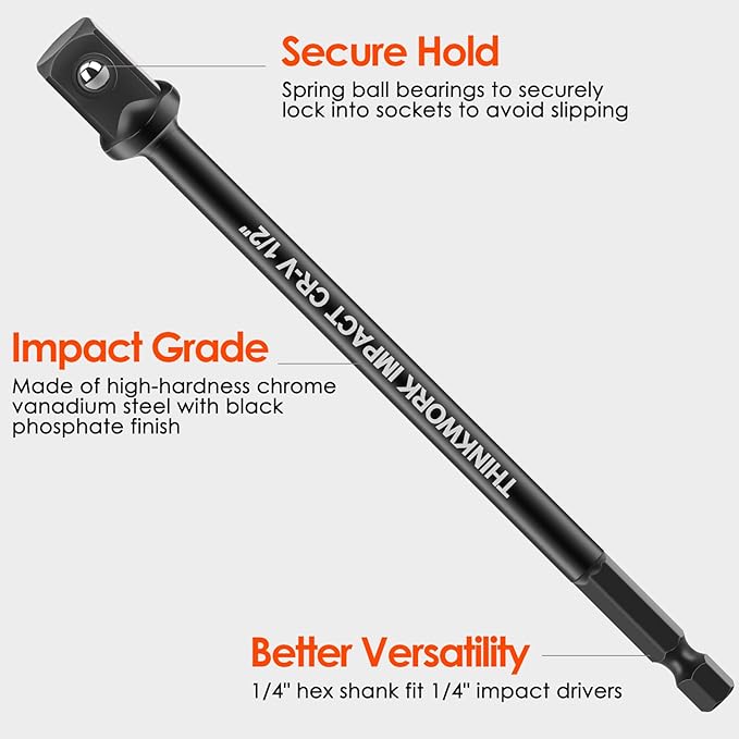 THINKWORK Impact Socket Adapter Set, 1/4" 3/8" 1/2" Drill Socket Adapter Set, 1/4" Hex Shank for Cordless Impact Driver Power Drill 9 Piece