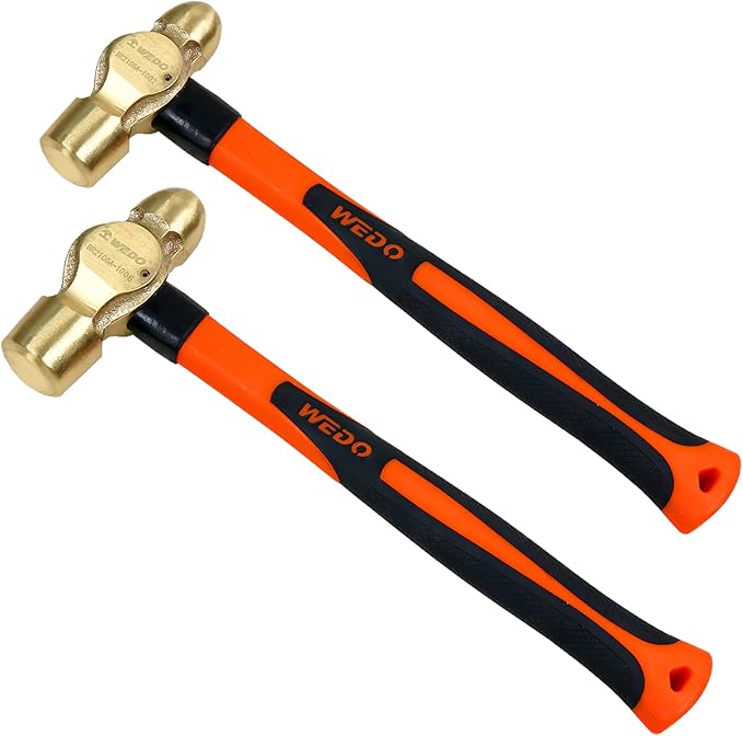 WEDO 2PCS Brass Ball Peen Hammer Set, 16 oz+24 oz(1lb+1-1/2lb), Brass Ball Pein Hammer Set with Fiberglass Handle, Die-Forged, Corrosion Resistant, DIN Standard