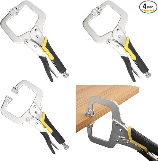 4 Pack 11 Inch C Clamp Locking Pliers,Locking C Clamp, Adjustable Nickel Plated C Pliers For Wood Working, Welding, Electrician Maintenance and more, by GENHAKON, Silvery