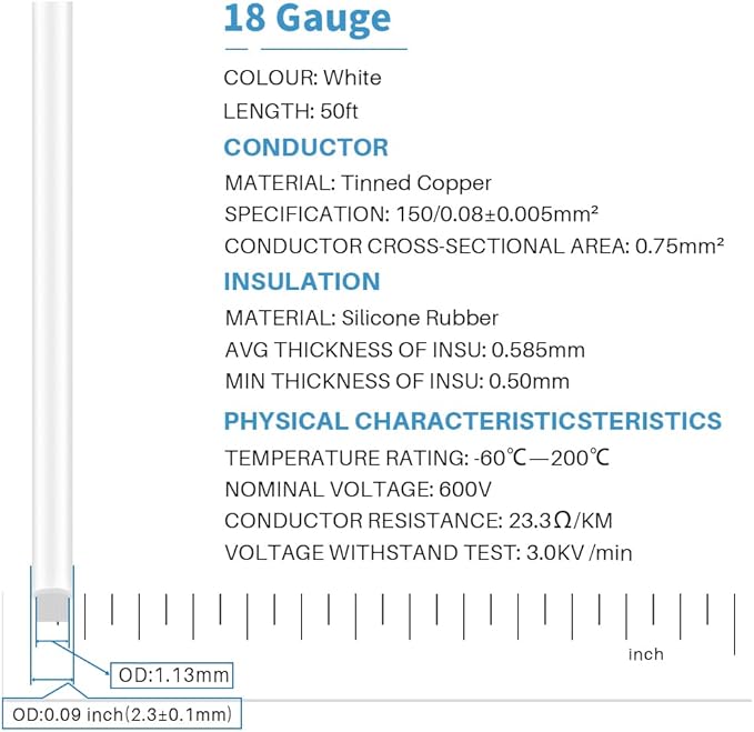 BNTECHGO 18 Gauge Silicone Wire Spool 50 ft White Flexible 18 AWG Stranded Tinned Copper Wire Single Conductor Wire