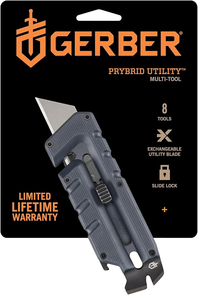Gerber Gear Prybrid, Box Cutter Retractable Blade, Heavy Duty Utility Knife with Pry Bar, Bottle Opener, and Wire Stripper - Multi tool Pocket Knife - EDC Gear - Blue