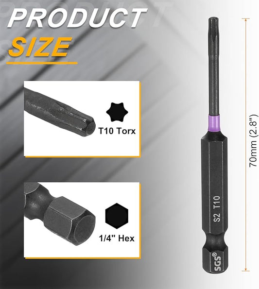HARFINGTON 5pcs T10 Torx Head Impact Screwdriver Bits 1/4" Hex Shank 2.8" (70mm) Long Magnetic No Hole Tamper Proof 6 Point Star Screw Driver Drill Bits Phosphate S2 Steel Power Tools