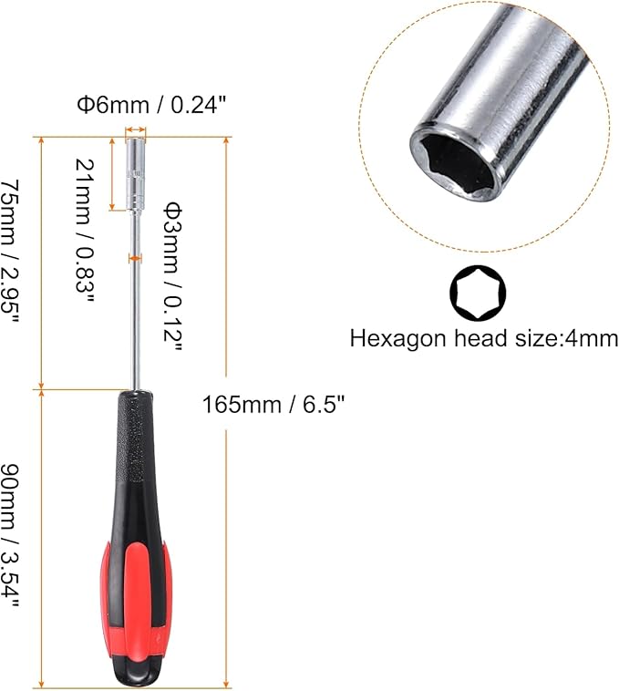 HARFINGTON Metric Nut Driver 4mm Dia 75mm Shank Non-Magnetic 6 Point Hex Socket Screwdriver with Non-Slip Handle for Tightening and Loosening Fasteners