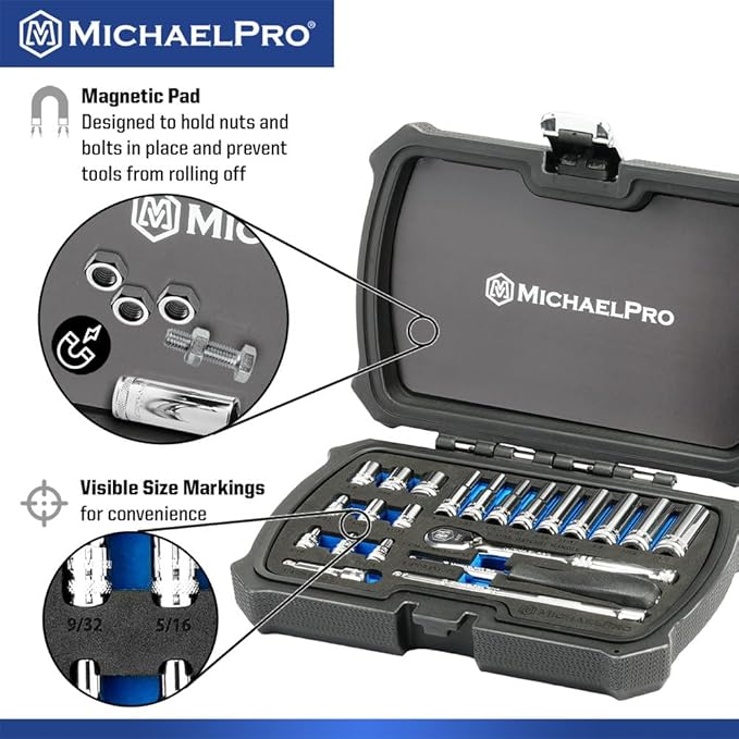 MichaelPro 22-Piece 1/4'' Drive Socket Set SAE 3/16'' - 1/2'', 90-Tooth Standard & Deep Sockets, CR-V Steel, 6-Point Design, with Spinner Handle, Extension Bar, Ratchet Handle | MP005058