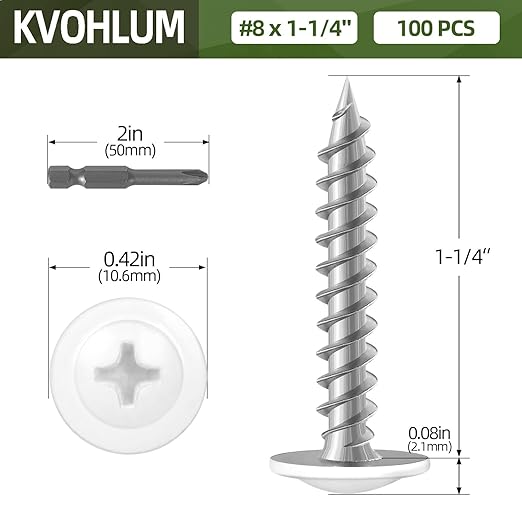 #8 x 1-1/4" (100 PCS) Modified Truss Head Wood Screws, Phillips Drive Quick Metal Self Tapping Screws, White Head, Full Thread, Screwdriver Bit Included