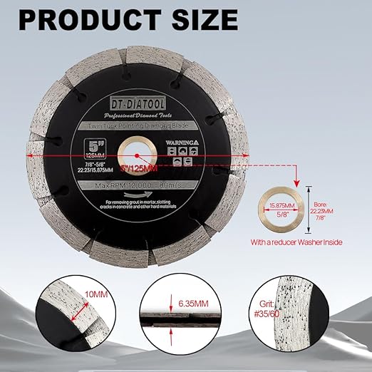 DT-DIATOOL Sandwich Tuck Point Blade - 5 Inch Mortar Raking Dual Diamond Blade 7/8"-5/8" Arbor for Mortar Removal, Grout Concrete Asphalt Surfaces Repair, Masonry Brick Stone Cutting
