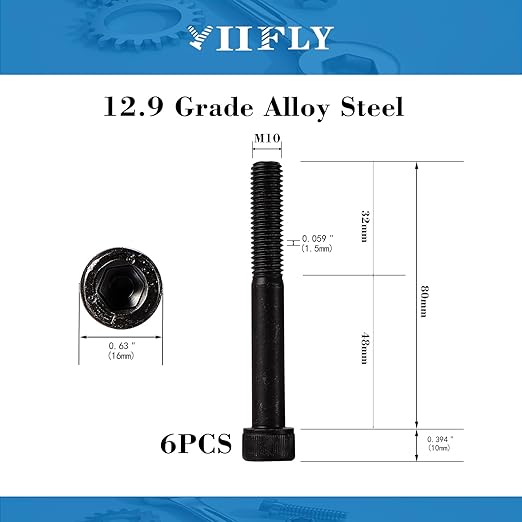 YIIFLY M10-1.5 x 80mm Socket Head Cap Screws, M10x1.5 Bolt,12.9 Grade Alloy Steel, Allen Socket Drive, Black Oxide Finish, Half Thread, Quantity 6
