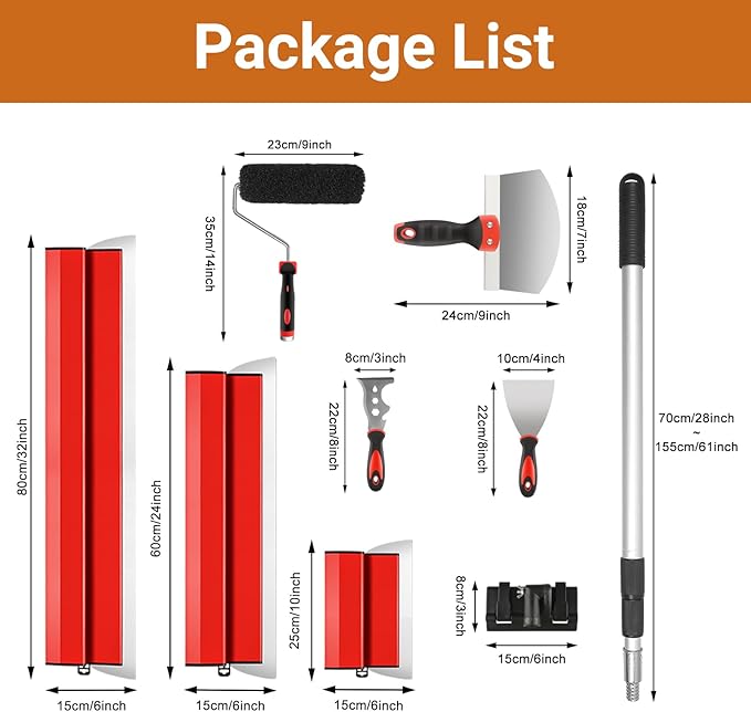 DEKEones Drywall Skimming Tools Set with 10??4??2??Skimming Blades, a Paint Roller, a Extension Pole and 3 Kinds of Putty Knife Tools for Smoothing Wall and Ceiling