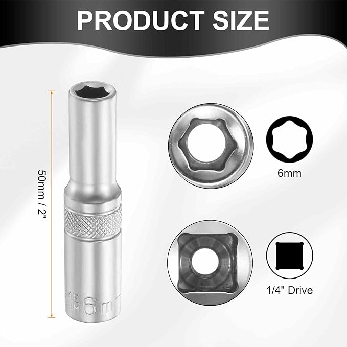HARFINGTON 6 Points Deep Socket 1/4" Drive 6mm Deep Metric CR-V Steel Polished Nickel Plating Flip Sleeve 50mm / 2" Extra Long Socket Tool for Home Auto Nuts Bolts Repair