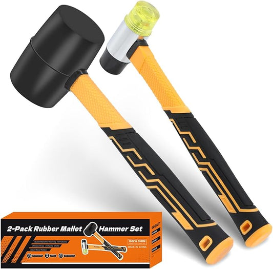 2-Pack Rubber Mallet Hammer Set, 16oz & 35mm Tool for Flooring, Tent Stakes, Woodworking, Camping, Crafts, Jewelry Wood，Fiberglass Shockproof Cushioned Grip, (16OZ 35MM Rubber Hamme)