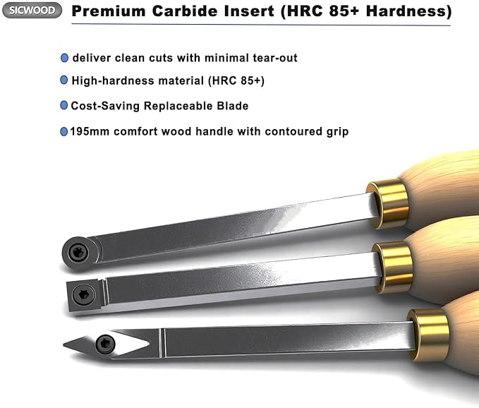 Carbide Wood Lathe Turning Tools Set - Rougher, Detailer, Finisher with Comfort Wood Handle | Replaceable Diamond, Round and Square Inserts, for Pen Knobs Small Bowls and Goblets Projects, 3PCS