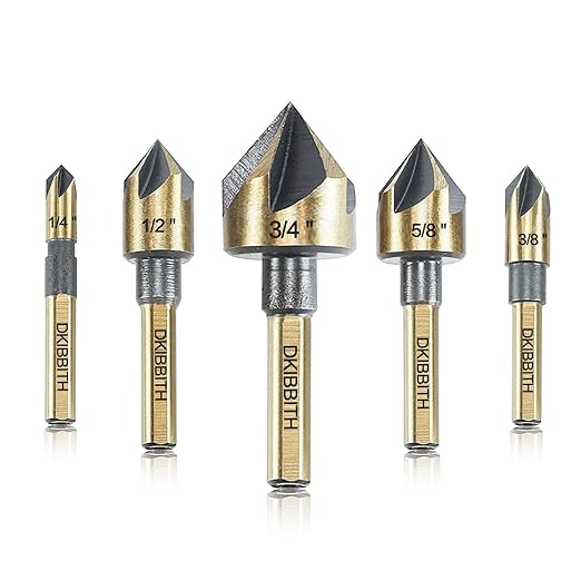Countersink Drill Bit Set, 5 Pieces High Speed Steel 82 Degree 5 Flute 6mm Round Shank Mill Cutter Bit Countersink in Sizes 1/4” 3/8” 1/2” 5/8” 3/4” Set with Carrying Case