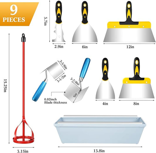 Lasnten 9 Pcs Drywall Knife and Drywall Corner Tool Set Includes Paint Scraper Knives Inside Outside Stainless Steel Corner Trowel, 16" Mud Pan Mixer with Soft Grip Handle for Wallpaper