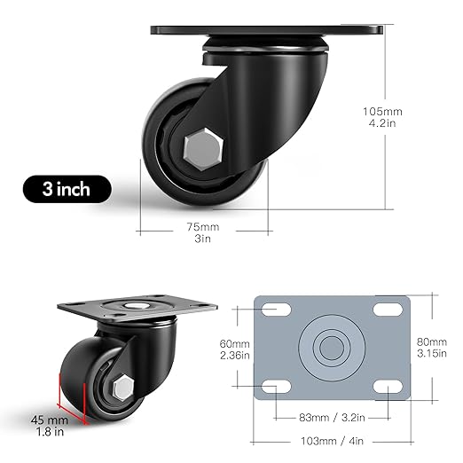 ANDUTEES 3 Inch Caster Wheels Set of 4, Heavy Duty Casters Load 4400lbs, Low Gravity Centere Industrial Swivel Casters, Plat Caster for Furniture and Workbench
