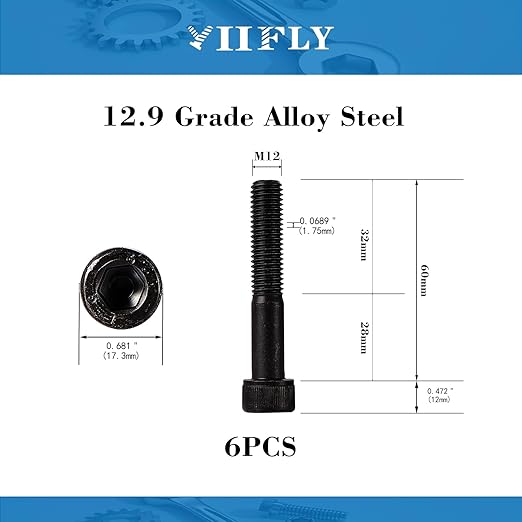 YIIFLY M12-1.75 x 60mm Socket Head Cap Screws, M12x1.75 Bolt,12.9 Grade Alloy Steel, Allen Socket Drive, Black Oxide Finish, Half Thread, Quantity 6