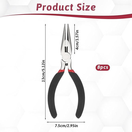 8 PCS Needle Nose Pliers, 5 Inch Long Nose Pliers Set Carbon Steel Serrated Jaw Plier for Wire Bending Cutting Jewelry Making Electronics Repair Object Grasping