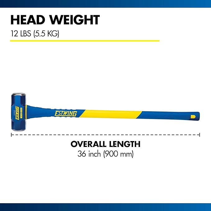 Estwing 12-Pound Hard Face Sledge Hammer for Demolition/Stake Driving, 50-55 HRC, 36-Inch Fiberglass Handle, Overstrike Protection, Textured Grip