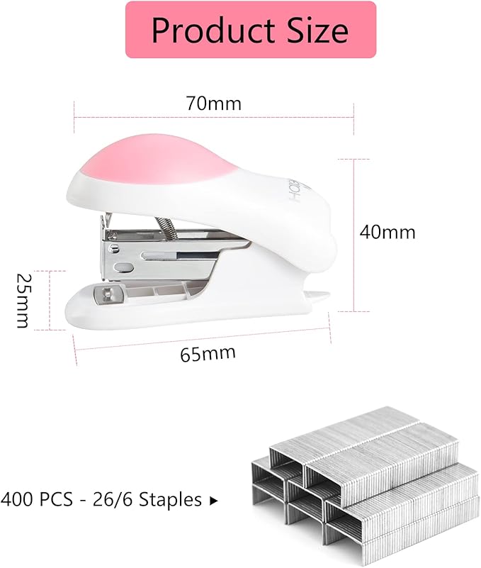 NEBURORA Mini Effortless Desktop Staplers with 400 Standard 24/6 Staples, 2-24 Sheet Capacity, Includes Built-in Staple Remover, Cute Stapler Gift for Student and Office Use, 3 Colors Options (Pink)
