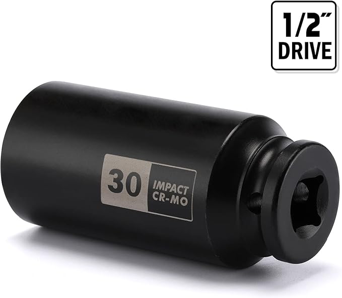 EMENTOL 1/2 Inch Drive Deep Spindle Axle Nut Impact Socket, CR-MO, 12 Point, Metric, Deep 12PT Impact Socket - 30mm
