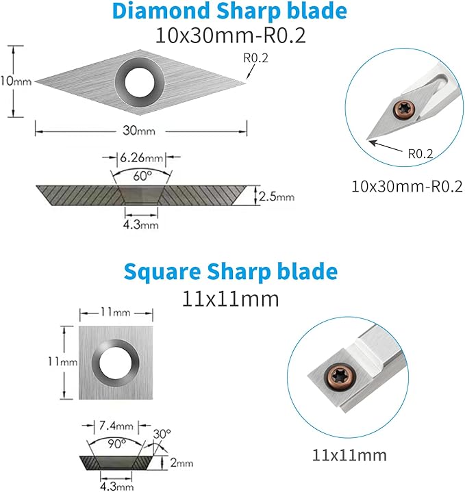 18 Pieces Tungsten Carbide Cutters Inserts Set for Wood Lathe Turning Tools Include 11 mm Square with Radius, 12 mm and 8.9 mm Round, 30 x 10 mm Diamond with Pointed Point,6 Pieces screws.