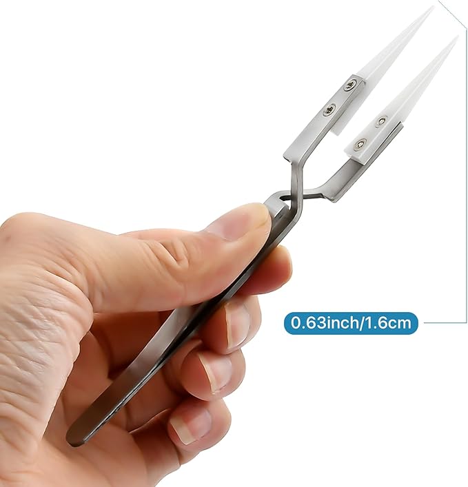 6 Pcs Precision Reverse Ceramic Tweezers Set, Non-Conductive Heat-resistant Electronics Soldering Tweezers Anti-Magnetic Pointed & Curved Tips Tweezers for Solder, Pinching Coils (Silver)