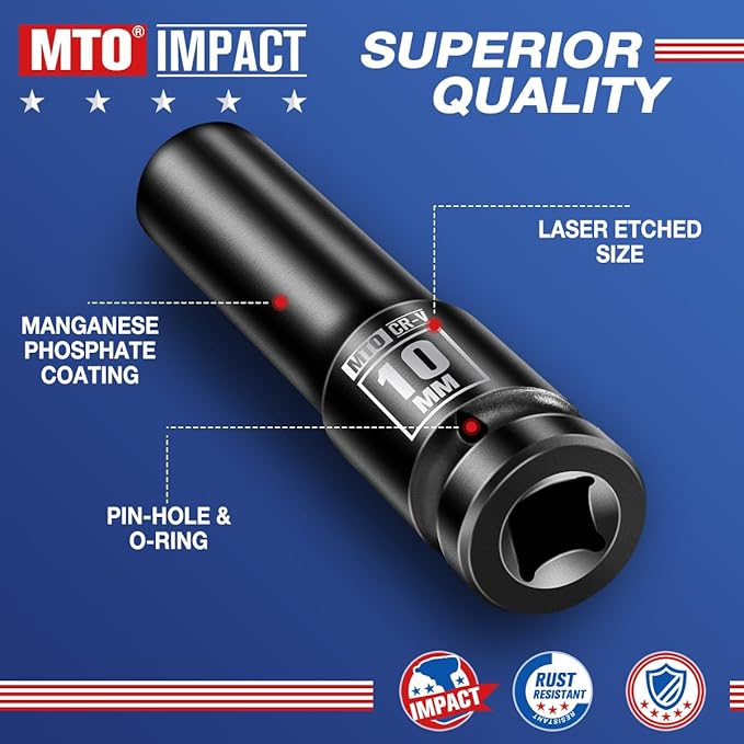 MTO 1/2" Drive 10mm Deep Impact Socket, 6-Point Metric Socket for Automotive Maintaince, CR-V Steel Meets ANSI Standards