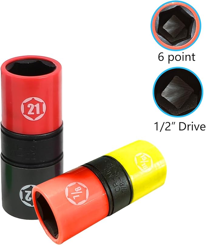DPTOOL Lug Nut Socket Set 1/2" Drive Wheel Impact Flip Socket Set with Metric 17 19 21 22 MM & SAE 3/4 13/16 7/8 15/16 in. Sockets Non-Marring Thin Wall Lug Nut Removal Tool