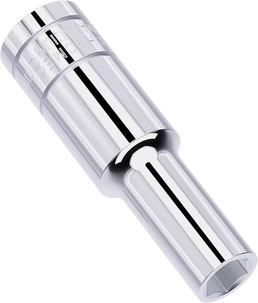 8mm Deep Socket, 1/2 Inch Drive, 6-Point, Metric, Heat Treated CR-V Steel Sockets, Full Polishing, 3.1 Inch Length