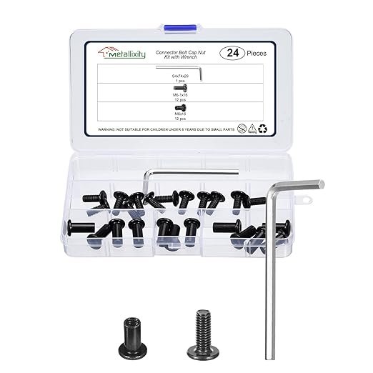 METALLIXITY Furniture Crib Screws Replacement Set with Wrench(M6-1x16mm) 24Pcs, Galvanization Connector Bolts M6 Screw Barrel Nuts Binding Screws, for Chair Cabinet Bed, Black