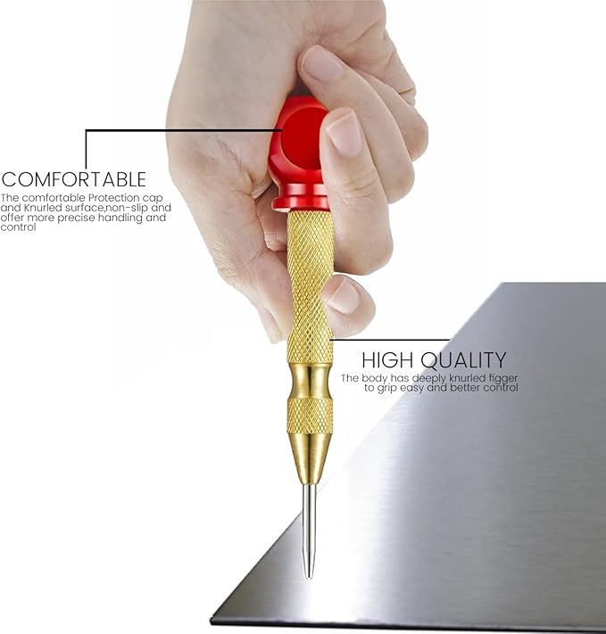 Performore Automatic Center Hole Punch With Hardened Steel, Includes Two Replacement Tips Adjustable Spring Metal Drill Tool with Cushion Cap, Hand Tool for Metal or Wood Glass Window