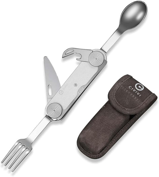 CIVIVI Partake 4-in-1 Camping Utensil, Detachable Stainless Steel Folding Knife, Fork, Spoon & Bottle Opener Multi-Tool, with Waxed Canvas Pouch for Travel Camping Hiking, C24032C-3, Silver
