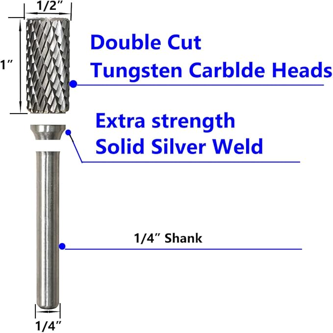SB-5 Carbide Burr Set Tungsten Die Grinder Bits (1/2" Head Dia X 1" Cutter Length) with 1/4" (6.35mm) Shank for Die Grinder Bits Drill Rotary Tools Cylinder Shape (Pack of 5)