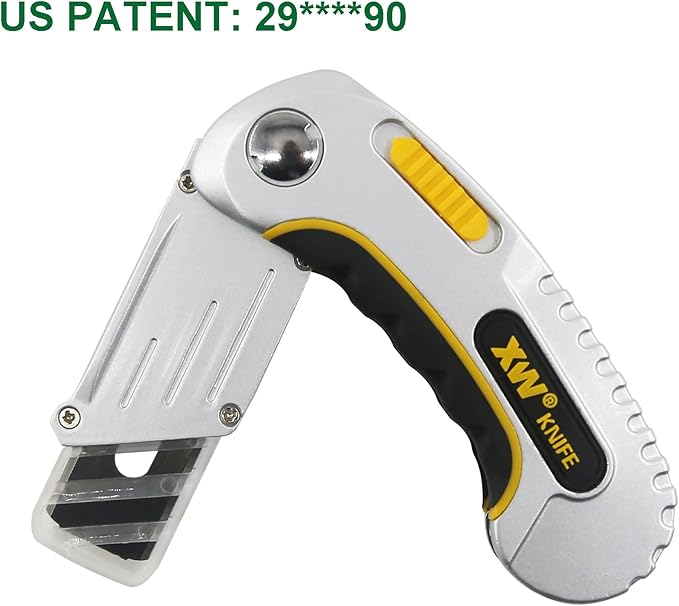 XW Folding Carpet Knife, Razor Blade Heavy Duty Utility Knife with Protective Cap, Extra 5 Blades Included