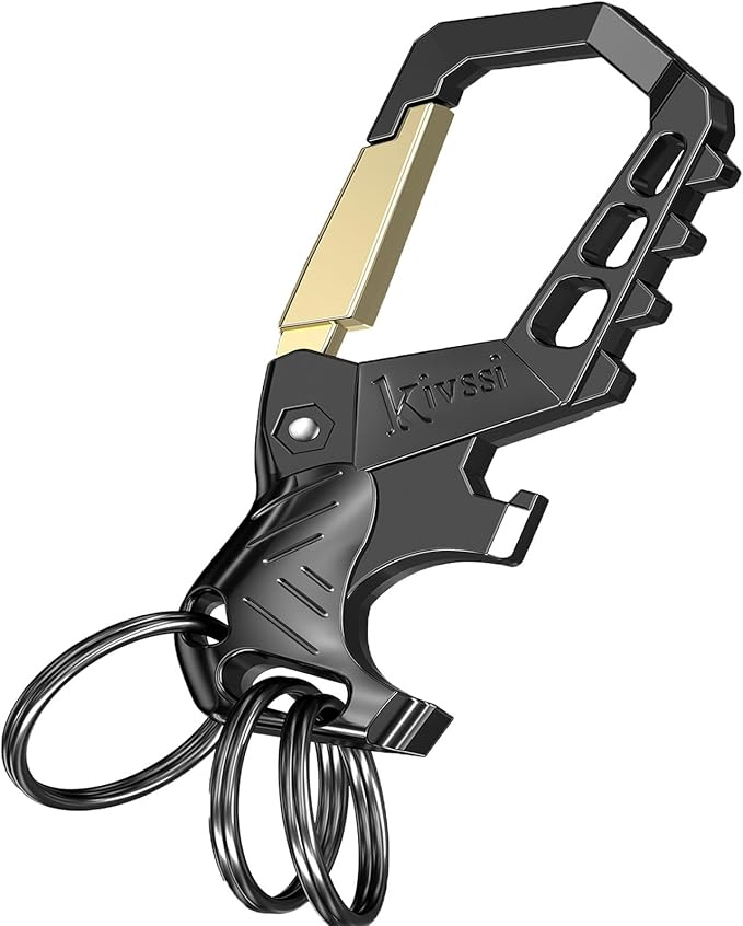 Heavy duty metal keychains, Carabiner clip Car key chains,Fashion family keychain bottle opener and 3 Key Rings suitable for men and women.（Gold-1pcs）