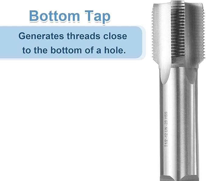 uxcell Hand Bottom Tap 1-1/2-12 UNF 2B Thread Bottoming Style Threading Taps High Speed Steel HSS6542 Straight Flutes Screw Tapping Tool